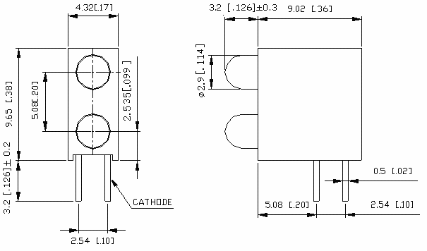 PCB Mount Dual LED 3mm Case Dimension Drawing