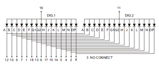 14DR5421AS - Double Hi-Red 0.54in Common Cathode 14-Segment LED Circuit Diagram