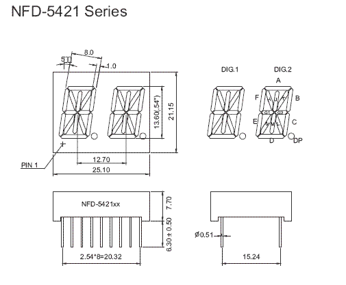 14DR5421AS - Double Hi-Red 0.54in Common Cathode 14-Segment LED Dimensions