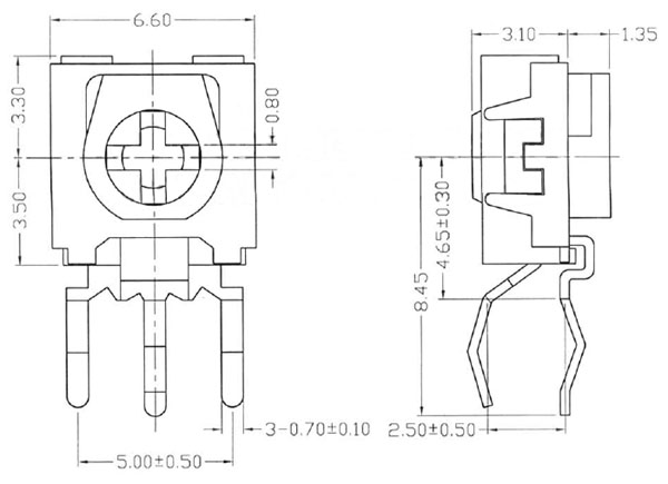 TRIMSV20K - 20kohm Sealed Miniature Vertical Potentiometer Dimensions