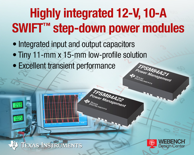 TI Releases Smallest 12-V, 10-A DC/DC Step-Down Power Solution