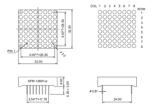 LEDM88G - Green 8x8 LED Matrix Display Dimensions