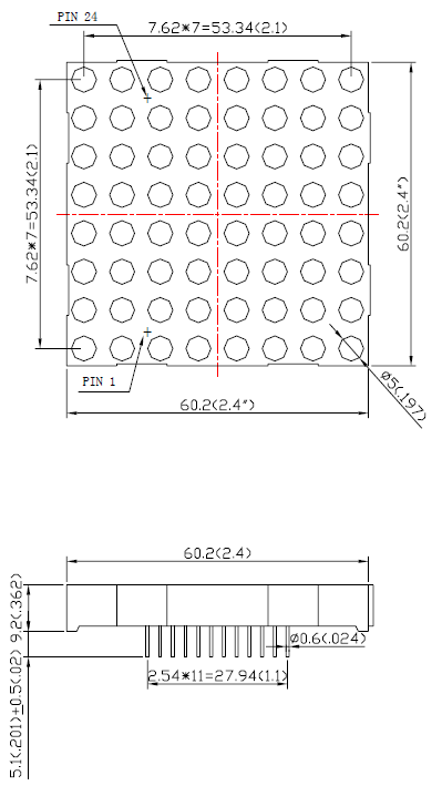 LEDM88RGCC - Red-Green 8x8 Common Cathode LED Matrix Display Dimensions