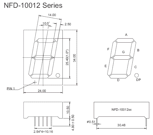 7SB10012BB - Single Blue 1.0in CA 7-Segment LED Display Dimensions