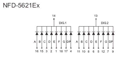 7DR5621ES - Double Hi-Red 0.56in Common Cathode 7-Segment Individual LED Display Circuit Diagram