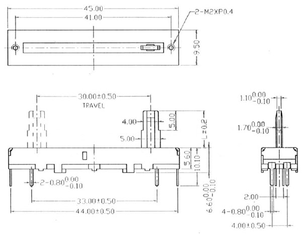 POT1KASTERLOG - 1K Stereo Sliding Log Taper Potentiometer Dimensions