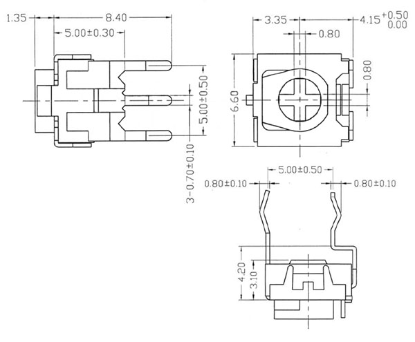 TRIMSH2K - 2k ohm Sealed Miniature Horizontal Trimpot Dimensions