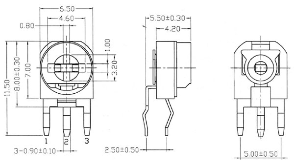 TRIMV300K - 300k ohm 1/4W Miniature Vertical Trimpot Dimensions